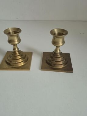 Vintage Solid Brass Square Base Taper Candlestick Holders - Set of 2